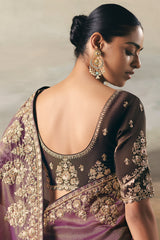 Brown and Purple Tissue Saree with Sequin and Embroidered Border - red saree embroidered
