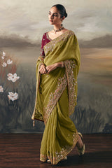 Olive Green Tissue Saree with Sequin and Embroidered Border