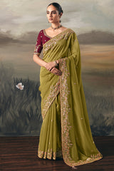 Olive Green Tissue Saree with Sequin and Embroidered Border