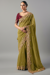 Olive Green Tissue Saree with Sequin and Embroidered Border