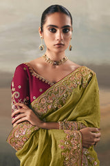 Olive Green Tissue Saree with Sequin and Embroidered Border