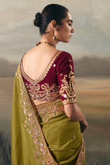 Olive Green Tissue Saree with Sequin and Embroidered Border