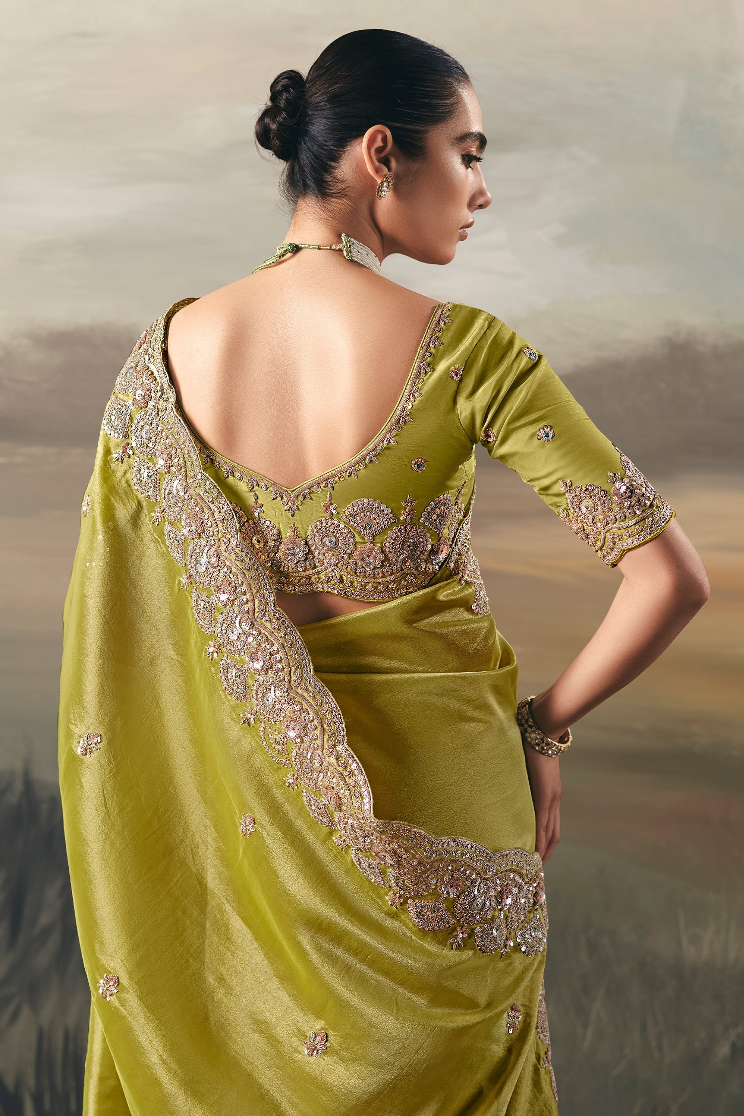 Green Tissue Saree with Sequin and Embroidered Border - red saree embroidered