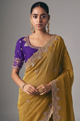 Mustard Tissue Saree with Sequin and Embroidered Border - red saree embroidered