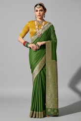 Green Crepe Georgette Saree with Woven Border and Pallu