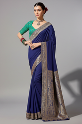 Dark Blue Crepe Georgette Saree with Woven Border and Pallu
