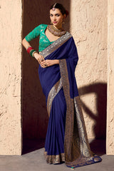 Dark Blue Crepe Georgette Saree with Woven Border and Pallu
