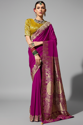 Magenta Crepe Georgette Saree with Woven Border and Pallu
