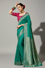 Sea Green Crepe Georgette Saree with Woven Border and Pallu