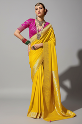 Yellow Crepe Georgette Saree with Woven Border and Pallu