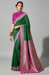 Dark Green Crepe Georgette Saree with Woven Border and Pallu