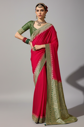 Red and Green Crepe Georgette Saree with Woven Border and Pallu