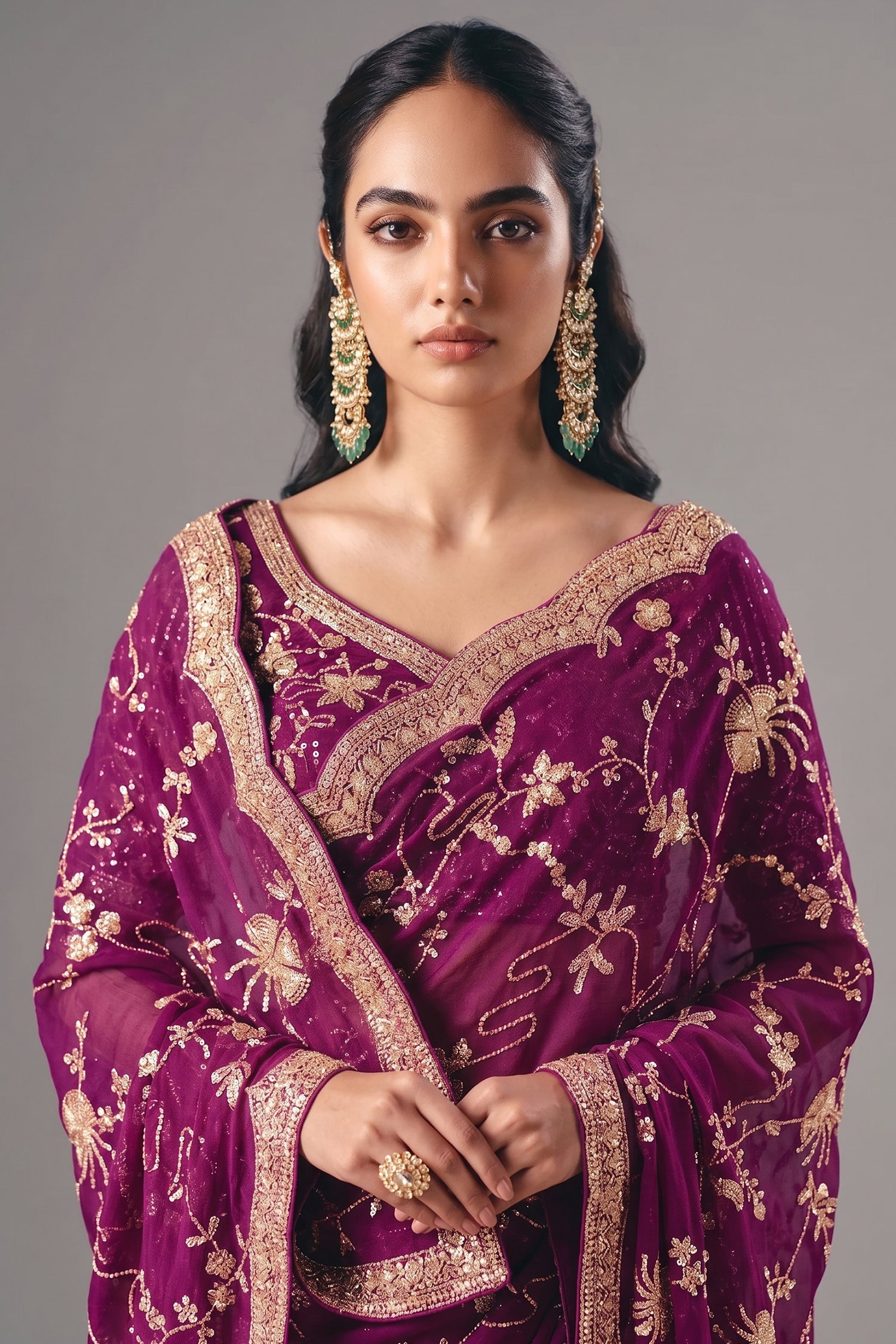 Purple Tissue Organza Saree with Sequin Beaded Motif - purple organza saree