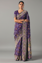 Indigo Purple Checks Georgette Traditional Bandhej Weaving Saree