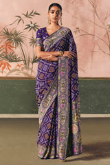 Indigo Purple Checks Georgette Traditional Bandhej Weaving Saree