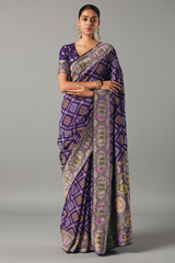 Indigo Purple Checks Georgette Traditional Bandhej Weaving Saree