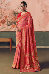 Pink and Red Georgette Traditional Bandhej Weaving Saree - red georgette saree bandhej
