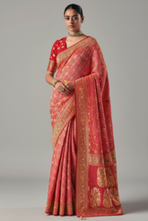 Pink and Red Georgette Traditional Bandhej Weaving Saree