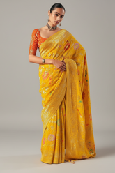 Yellow Georgette Traditional Bandhej Weaving Saree
