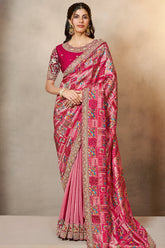 Pink Jacquard Silk Half and Half Saree - pink silk saree