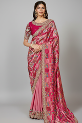 Pink Jacquard Silk Half and Half Saree