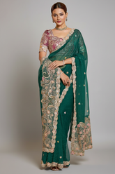 Teal Green Organza Saree with Sequin and Embroidered Border