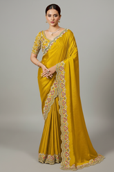Yellow Satin Silk Saree with Sequin and Embroidered Border