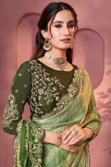 Green Ombre Satin Floral Print Saree with Embroidered Border
