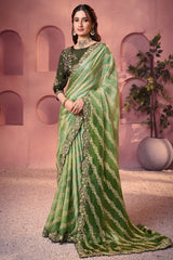 Green Ombre Satin Floral Print Saree with Embroidered Border