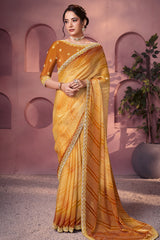Yellow Ombre Satin Geometric Print Saree with Embroidered Border