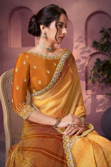 Yellow Ombre Satin Geometric Print Saree with Embroidered Border