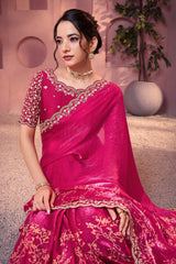 Rani Pink Satin Floral Print Saree with Embroidered Border