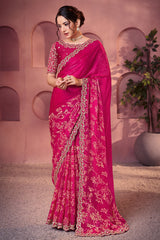 Rani Pink Satin Floral Print Saree with Embroidered Border
