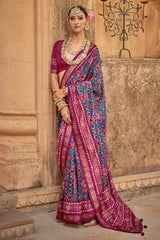 Blue and Magenta Art Silk Patola Print Saree