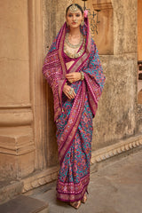 Blue and Magenta Art Silk Patola Print Saree