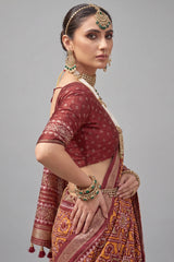 Mustard and Maroon Art Silk Patola Print Saree