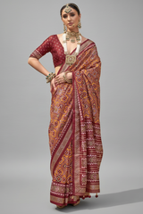 Mustard and Maroon Art Silk Patola Print Saree