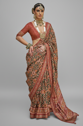 Green and Orange Art Silk Patola Print Saree