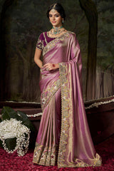 Orchid Purple Silk Woven Saree with Embroidered Border and Golden Highlights