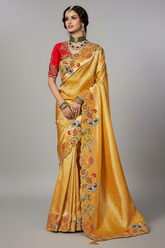 Yellow Silk Woven Saree with Embroidered Border