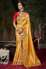 Yellow Silk Woven Saree with Embroidered Border