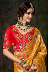 Yellow Silk Woven Saree with Embroidered Border