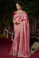 Pink Silk Woven Saree with Embroidered Border