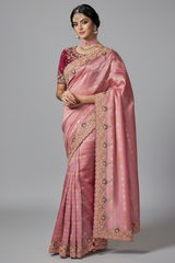 Pink Silk Woven Saree with Embroidered Border