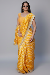 Yellow Silk Leheriya Printed Saree with Applique Scallop Border