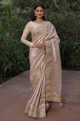 Peach Dola Silk Saree with Sequin Embroidery Border - peach silk saree embroidery