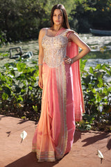 Coral Pink Organza Saree with Kiral Lace Border