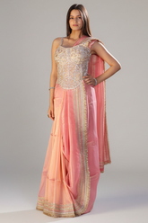 Coral Pink Organza Saree with Kiral Lace Border