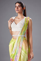 Lime Green and Multi Colored Crepe Silk Pre Draped Saree with Sequins and Cutdana Work Blouse