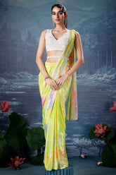 Lime Green and Multi Colored Crepe Silk Pre Draped Saree with Sequins and Cutdana Work Blouse - red silk saree